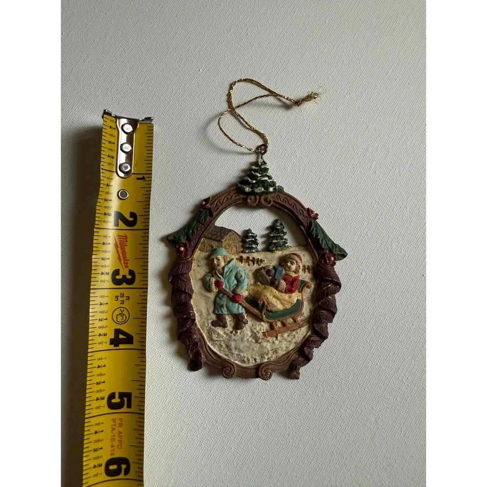 Vintage Ceramic Christmas Ornament Children with Sled Winter Scene 4 Inch